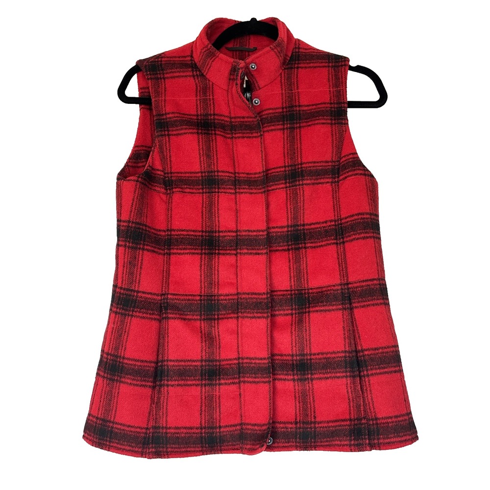 J. Jill Red Black Plaid Wool Blend Zip Up Vest Petite XS Mock Neck Pockets